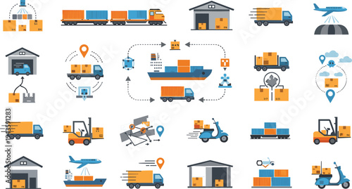 Flat vector illustration of logistics, transportation, and shipping icons, featuring trucks, containers, warehouses, and delivery routes.