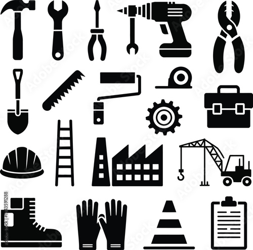 Collection of construction and industrial tools and equipment icons