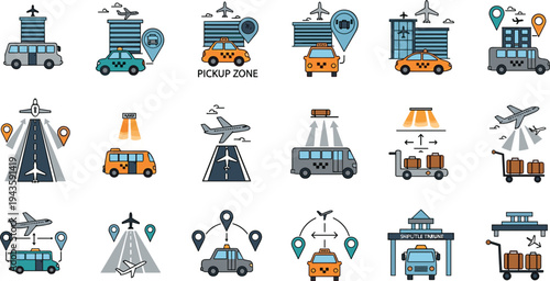 Flat vector illustration of airport transportation, pickup zones, luggage handling, and flight travel icons, representing air travel logistics and services.