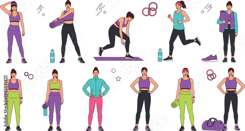Flat vector illustration of women working out, exercising, and engaging in fitness activities with gym gear, yoga mats, and sportswear.
