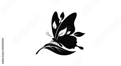 Elegant black butterfly with leaf wing details perched on a delicate leaf.