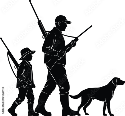 Father and son hunters walking with rifles and hunting dog, black silhouette illustration isolated on white background