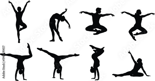 Female dance silhouette collection, ballet yoga gymnastics poses, graceful flexible movement, artistic athlete action, black and white vector illustration set