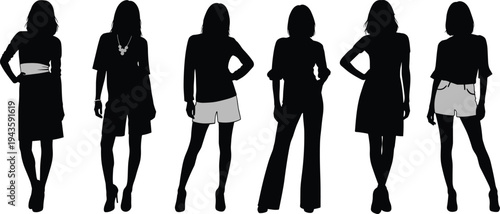 Fashion women silhouette set, stylish female models in casual outfits isolated on white background vector illustration collection