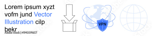 Online security, data protection, global communication, VPN services, internet privacy, file sharing. Visual of a shield with VPN icon, globe and file transfer. Online security and data protection