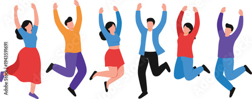 Diverse group of happy young people jumping with hands up in celebration for teamwork and success concepts