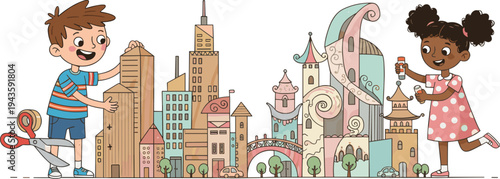 kids, building, cardboard, fantasy, city, architecture, diy, craft, children, creativity, learning, project, teamwork, hobby, activity, education, illustration, handmade, playful, imagination