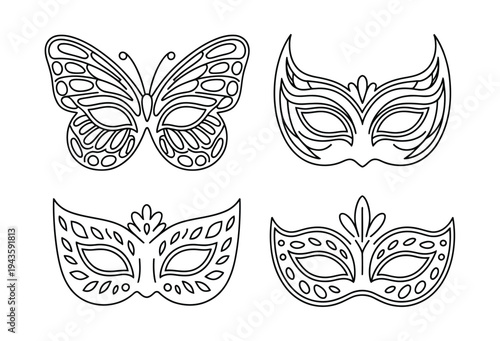 A set of four black and white masquerade masks with intricate designs on a plain background.