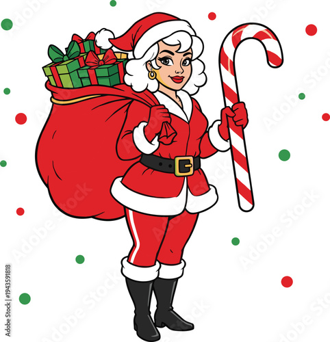 Mrs Santa Claus cartoon character holding candy cane with gift sack, festive Christmas holiday illustration featuring cheerful female Santa helper isolated on white background