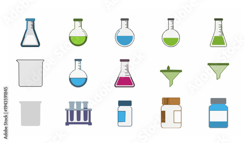Laboratory chemical container icons color outline vector set for science design