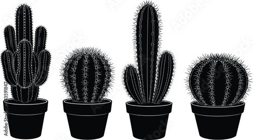 Cactus plant silhouettes in flower pots collection, desert succulent botanical houseplant vector illustration set for garden decoration isolated on white background