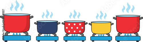Set of colorful cooking pots on gas stoves with blue flames and steam for kitchen culinary and restaurant concepts