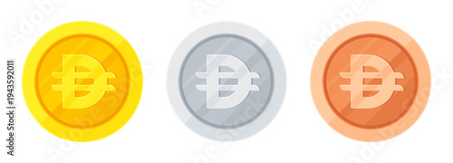 Set of gold, silver and copper coins with UAE dirham sign (Dh). Economy, finance, investment, profit, money, AED currency concept. Flat vector illustration isolated on white background