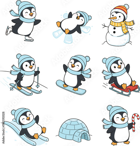 Set of cute cartoon penguins enjoying winter activities including skiing skating snowboarding and building a snowman for holiday designs