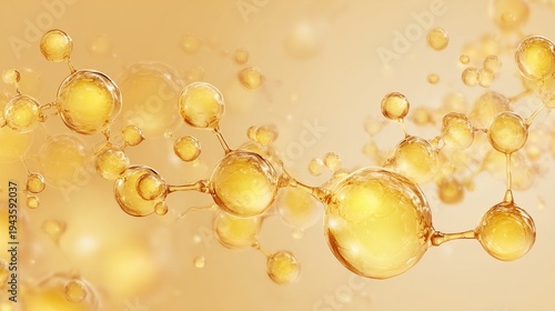 Yellow molecular structure with transparent golden bubbles on a gradient background