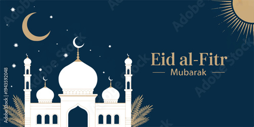 Eid al-Fitr Mubarak celebration with mosque illustration
