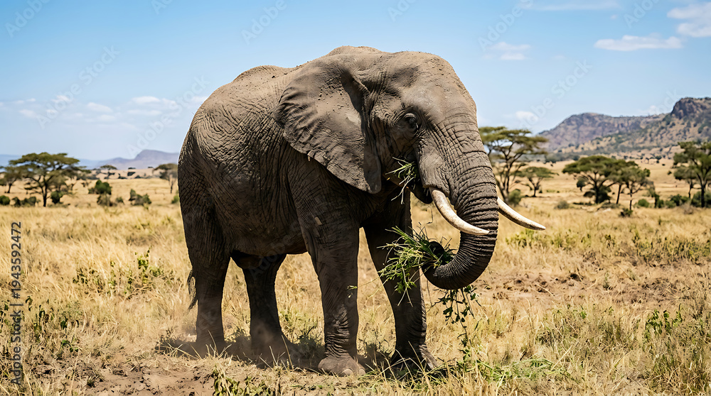 Fototapeta premium Majestic Elephant Grazing in African Savanna