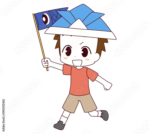鯉のぼりを持って走る子どもの日の男の子のイラスト