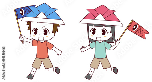 鯉のぼりを持って走る子どもの日の男女の子どものイラスト