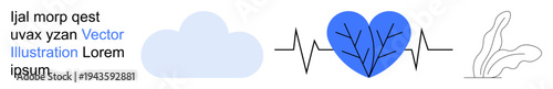 Environment protection, heart health, eco-awareness, sustainability, cardiology, wellness. Blue heart with heartbeat line next to a cloud and abstract plant. Environment protection and heart health