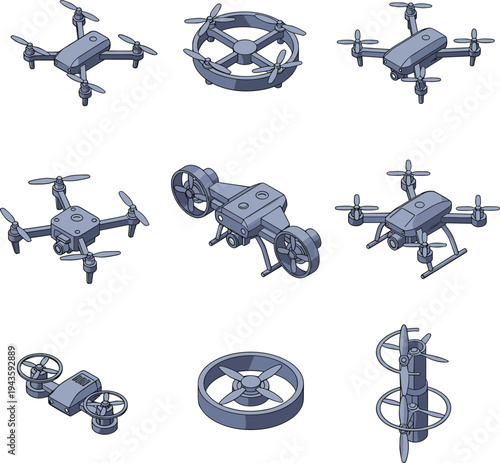 Set of isometric drone vector illustrations including quadcopters and hexacopters for delivery technology and aerial surveillance concepts