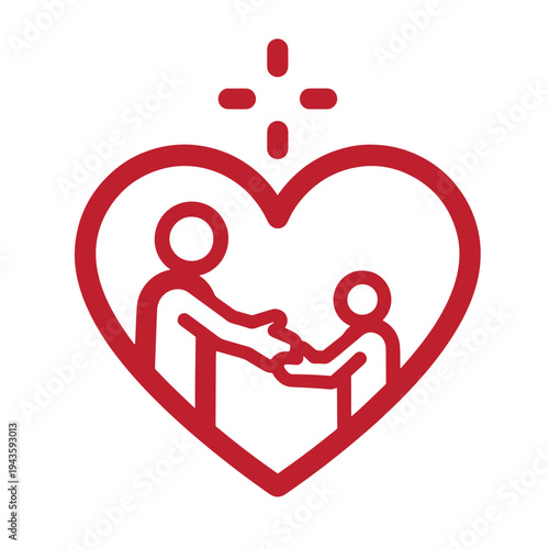 Red heart shaped icon with two people shaking hands inside and a cross on top symbolizing care and support