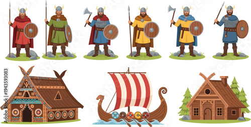 Cartoon-style illustration of Viking warriors, Viking houses, and Viking longship with shields and horned helmets, artwork concept for history, culture, mythology, and design projects