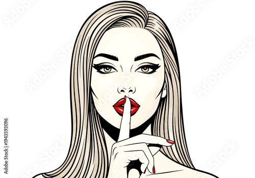 Woman with finger on lips gesture isolated on white background