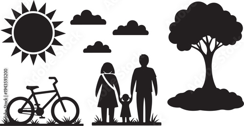 Family Silhouette with Bicycle on a Sunny Day Outdoors