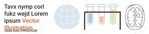 Education, research, biotechnology, global studies, innovation, scientific analysis. Globe, test tubes brain icon with connected lines. Research and biotechnology concept for innovation and global