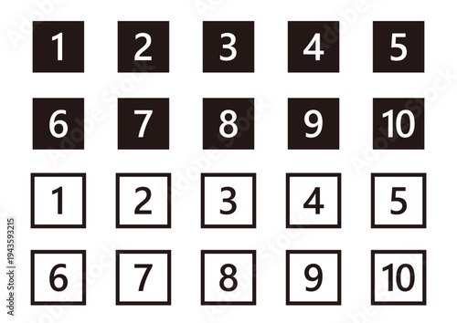 白黒の正方形の数字のセット