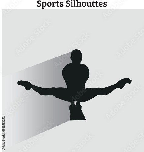 A powerful silhouette of a male gymnast performing a wide straddle jump or a press handstand variation on a block or pommel horse