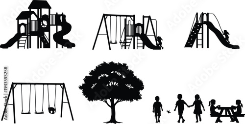 Children playground silhouettes with slides, swings, climbing structures, tree and kids playing in park, outdoor recreation vector illustration set isolated on white background