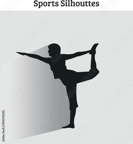 A serene silhouette of a person performing a "King Dancer" yoga pose (Natarajasana), balancing on one leg while reaching back to hold the other