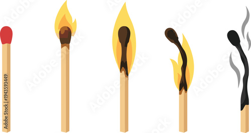 Matchstick burning stages set, match fire ignition sequence, flame evolution vector illustration isolated on white background