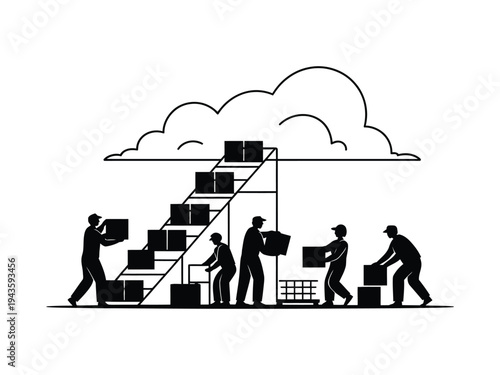 A group of people working together to move boxes up a staircase to a cloud