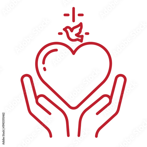 red line art of hands holding a heart with a dove flying above it symbolizing love care and compassion