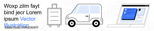 Travel planning, transportation, digital services, online tools, mobility solutions, modern convenience. Minimal suitcase, car and laptop icons. Travel planning and transportation concept