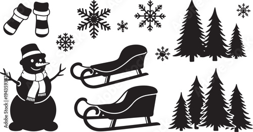 Winter Wonderland Silhouette with Snowman Sleds and Pine Trees