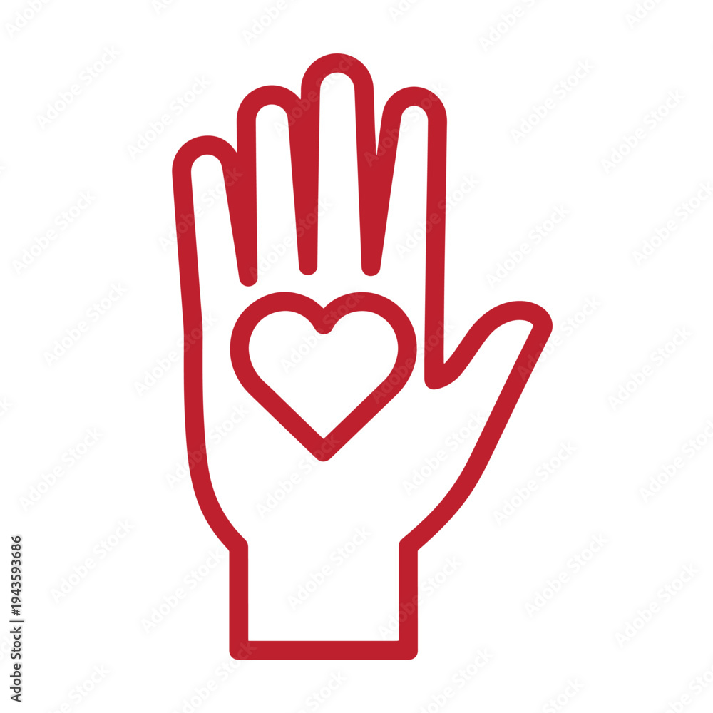 Obraz premium red line hand with heart symbol on palm love and care gesture