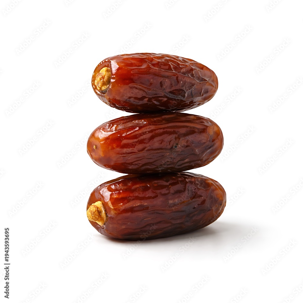Obraz premium Three Dried Dates Stacked Vertically Minimal Geometric Composition on White Background