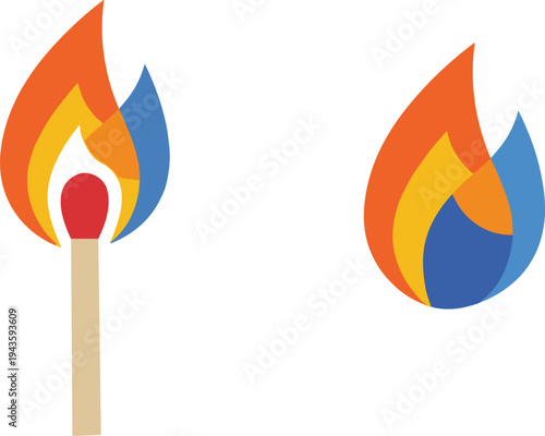 Colorful flame and burning matchstick icon set, fire ignition symbol vector illustration, heat energy flame graphic isolated design