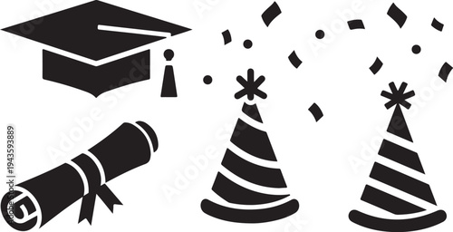 Graduation Celebration Icons with Confetti and Party Hats