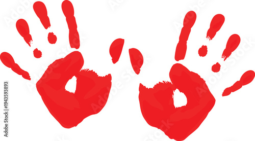 Realistic bloody handprints vector illustration, red blood palm marks set for horror Halloween crime scene design isolated