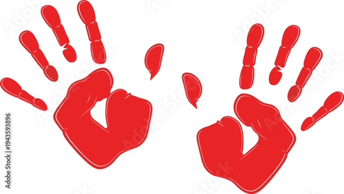 Red blood handprints vector set, scary bloody palm marks illustration for horror, Halloween, crime scene, danger warning symbol