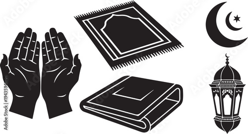 Ramadan Kareem Islamic Symbols and Prayer Icons Illustration Set