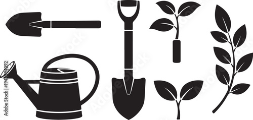 Gardening tools and plants in simple black icon style