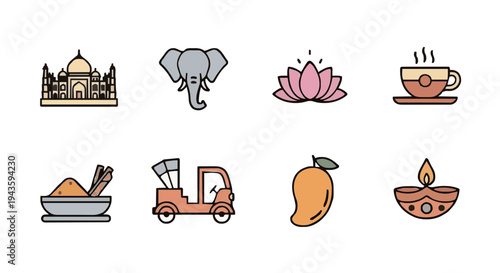 Collection of Indian cultural icons including Taj Mahal, elephant, lotus flower, tea cup, spices, auto rickshaw, mango, and diya lamp