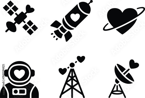 Love space icon set heart rocket satellite astronaut cosmic romance valentine science black white vector illustration