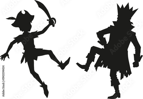 Pirate boy and scarecrow silhouettes, halloween fantasy characters set, spooky cartoon vector illustration isolated design